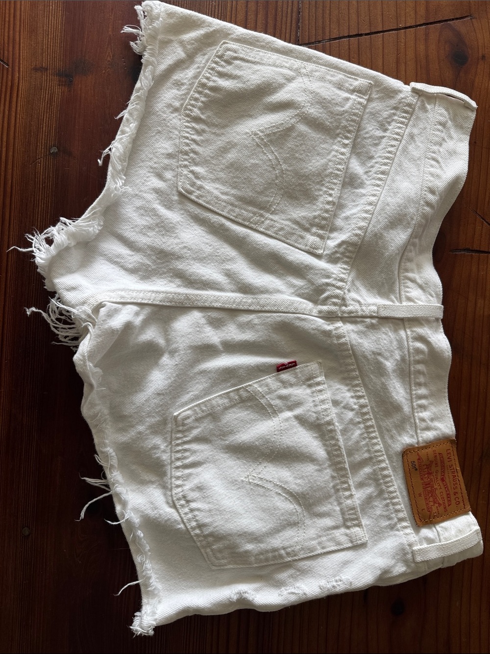 Levi's White Frayed Denim Cutoff Shorts with Red Tab